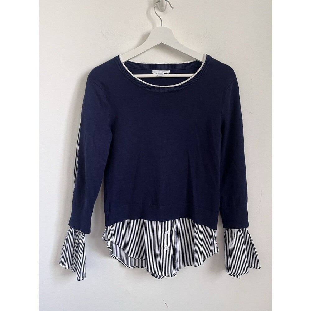 New York & Company Sweater Top Women’s XS Blue White Striped Preppy Work